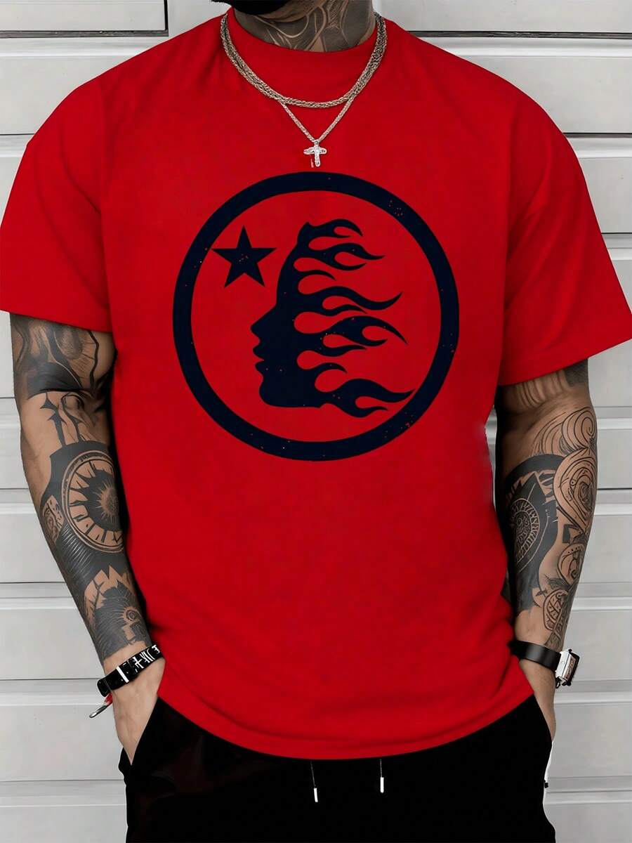 Flaming Silhouette Face With Star Emblem Symbolizing Passion And Inspiration 100% Cotton Men's Classic Fit 220g Graphic Tshirt - Đỏ - Xem 1