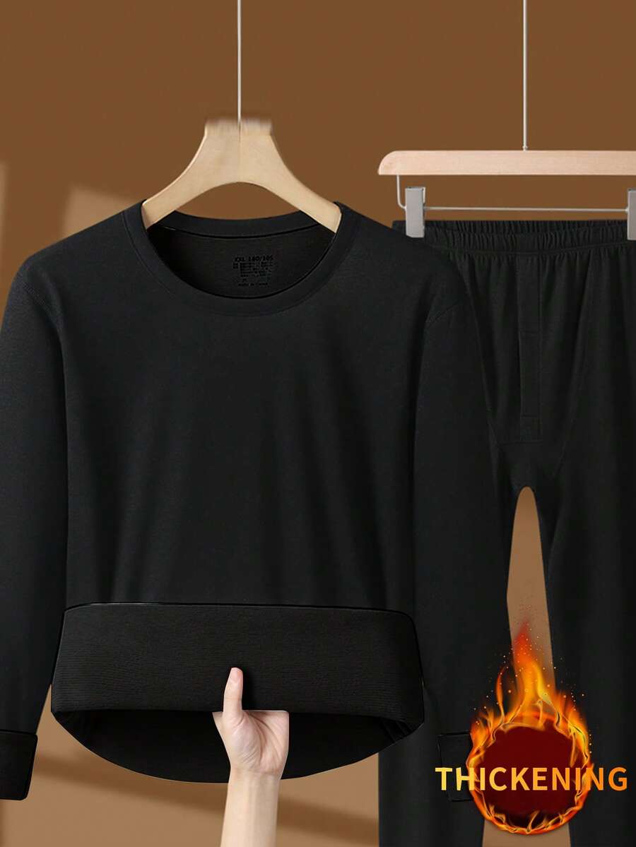 1 套男士保暖内衣套装，弹性面料底层保暖睡衣家居服，秋冬 - 黑色 - 查看 1