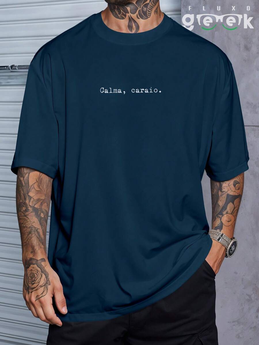 Oversized Gym T-Shirt With Funny Phrase "Calm Down, " REF 3297 FLUXO GEEK - Màu xanh hải quân - Xem 1