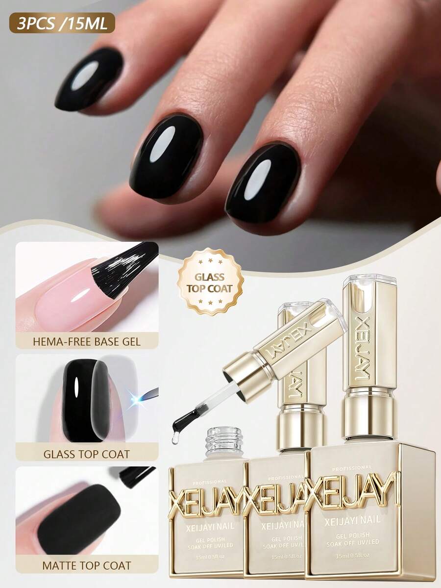 XEIJAYI Bộ 3 sản phẩm gồm: Sơn lót 15ml, Sơn phủ mờ và Sơn phủ bóng, Lớp phủ cao su trong suốt lâu trôi, Sơn móng tay gel bóng cao cấp chịu được đèn LED UV. - Trong sáng - Xem 1