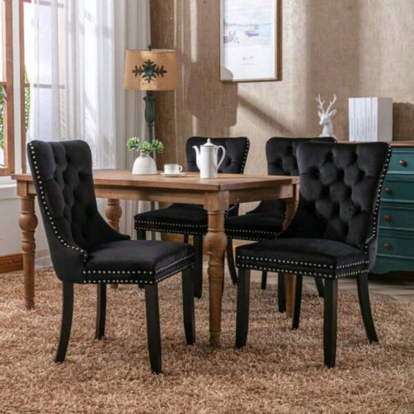 Nikki Collection Modern, High-End Tufted Solid Wood Contemporary Velvet Upholstered Dining Chair With Wood Legs Nailhead Trim 2-Pcs Set, Black, DE2001BK