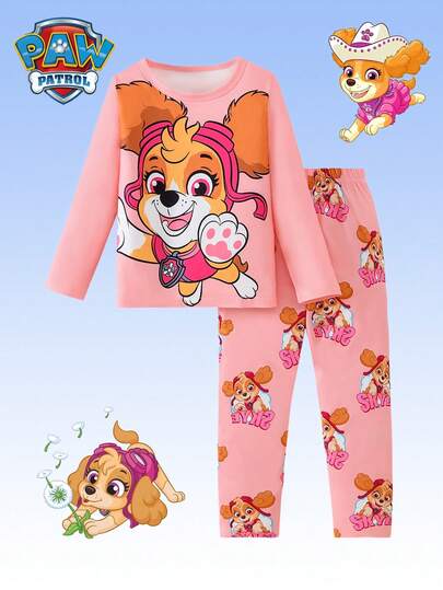  2 delar Paw Patrol flickorset, barnpyjamas hemkläder, söt hundtecknad tryck rosa rund hals långärmad t-shirt och byxor, flickkläder lämpliga för vardag, hem, semester, julklapp