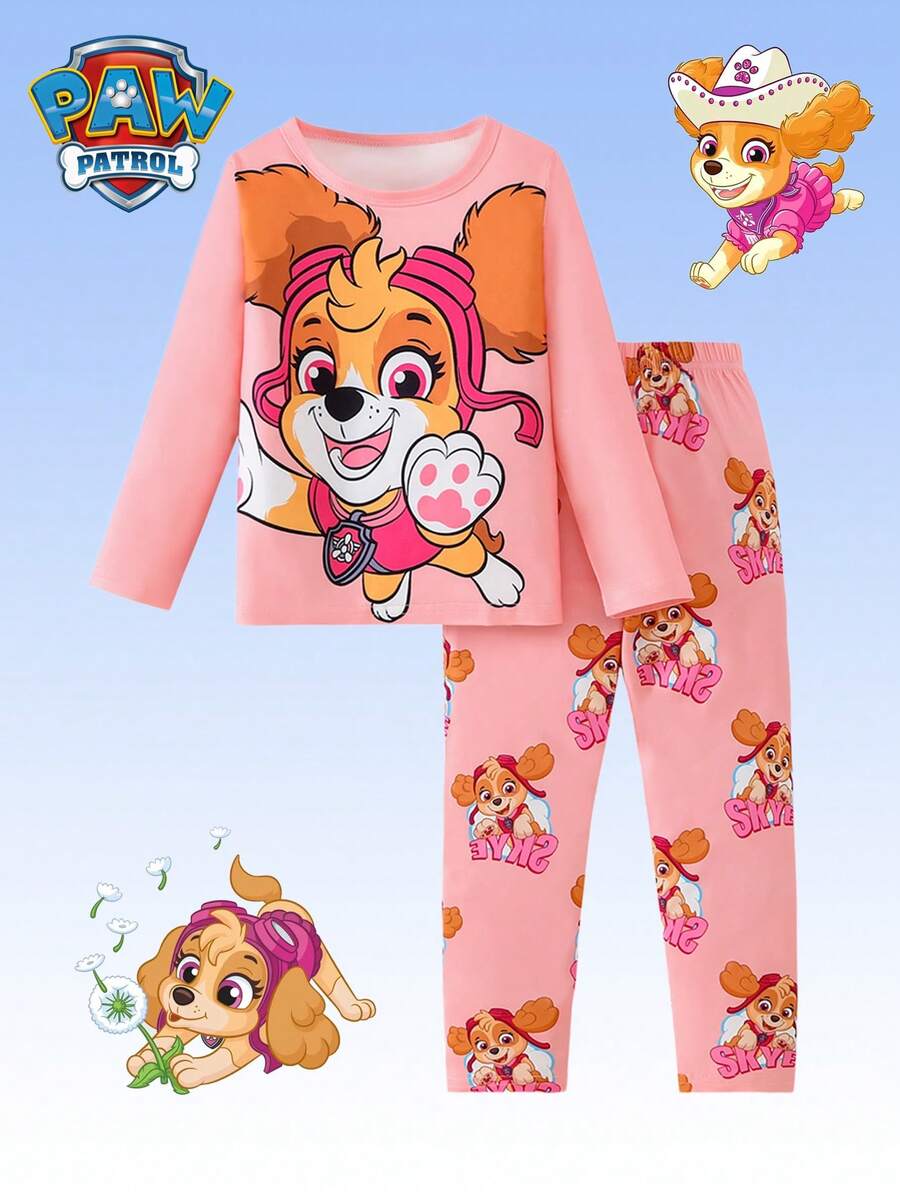 Paw Patrol 两件套汪汪队女童睡衣套装，儿童家居服，可爱狗狗卡通印花粉色圆领长袖T恤和裤子，适合日常、居家、度假、圣诞礼物等场合。 - 粉色 - 查看 1