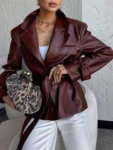 女士咖啡棕色皮革腰带休闲通勤夹克，平翻领单排扣时尚皮衣，秋冬 - 棕色 - 查看 11