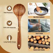 5pcs A Set Wooden Pattern Cooking Spoon & Ladle, Boho Osier Cooking Tool Set For Kitchen, Cooking Utensils - Natural Wood Color - View 8