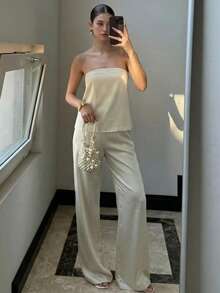 女士裤装套装 两件套 夏季女士裤装套装 两件套上衣 优雅女装套装 休闲两件套 女士 白色 - 白色 - 查看 5