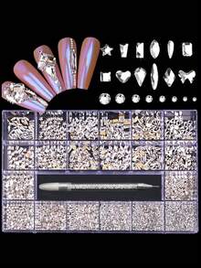 21-Frame Manicure Flat Rhinestone Set, 2500 Round Rhinestones And 600 Flat Special-Shaped Rhinestones, Multi-Shaped Rhinestone Rhinestone Set Box With Rhinestone-Stick Pen, Suitable For Nail DIY Decoration Nails Nail Gems - White - View 6