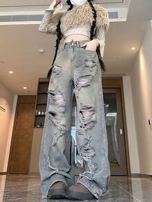 破洞牛仔阔腿宽松裤 - 復古色 - 查看 6