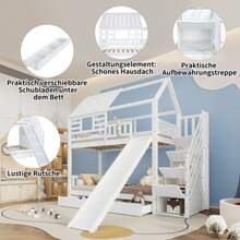 Bunk Bed With Stairs And Slide, Cabin Bed, Stairs With Storage, Pine And MDF Frame, Children's Bed With Window And Roof, Guardrail And Drawer, White, 90 X 200 Cm X 2 - White - View 7