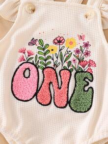 Infant Girls' Summer Letter Embroidered Romper, Soft Beige Tone With Waffle Fabric, Ruffle Strap Design Cute And Sweet, Matching Bow Headband, Suitable For Birthday Party, Photo Shoot Or Everyday Wear - Beige - View 7