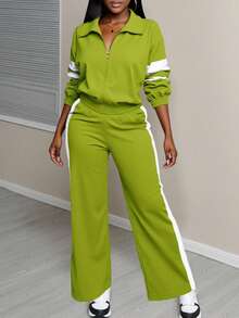 Bộ đồ thể thao nữ cỡ lớn phong cách đường phố thường ngày, áo nỉ dài tay cổ đứng có khóa kéo và quần ống rộng, hàng mới về màu trắng và đen, áo nỉ thể thao dáng rộng có mũ trùm đầu thích hợp cho hoạt động ngoài trời, văn phòng, nhà, sân bay, mùa xuân thu, lễ tốt nghiệp, tựu trường, trang phục giáo viên, áo dài tay dáng rộng và quần ống rộng thanh lịch - Màu xanh Ô liu - Xem 4