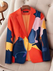 HOMEYEE Blazer Collar Long Sleeve Printed Blouse, Vintage Elegant Casual Vacation Business Office Lady Top, Suitable For Spring, Summer, Autumn, Winter - trái cam - Xem 10