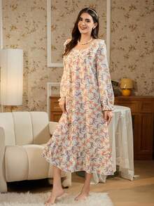 RS Pajama1 Square Neck Bows Long Sleeves Contrast Lace Romantic Floral Print Green Nightgown For Women - Mint Green - View 3