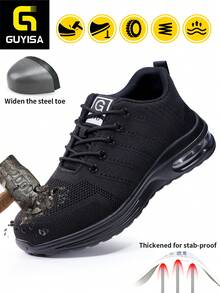 GUYISA 男士防護鞋，鋼頭防衝擊防穿刺，強力保護，舒適耐穿，適合四季戶外工作場所，男士工作鞋 - 黑色 - 查看 2