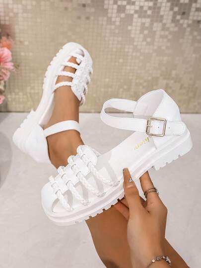 Women's Buckle Thick Bottom Braided Decor Solid Color Fashion Vacation Elegant Sporty Sexy Hollow Platform Wedge Sandals, Outdoor & Indoor Summer