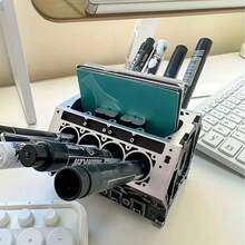1pc Business Card Holder & Pen Stand, Durable ABS Resin Engine Cylinder Desktop Display, Ideal For Modern Office Decor, Office Desk Accessories, Automotive Expert Gifts, Car Decor, Automotive Gifts, Mechanic Gifts