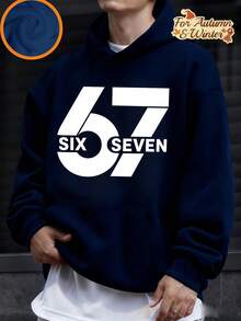 Tween Boy "67" Numeral & Letter Graphic Print Fleece Lined Pullover Sweatshirt Sweatshirt, Warm & Comfortable For Autumn/Winter