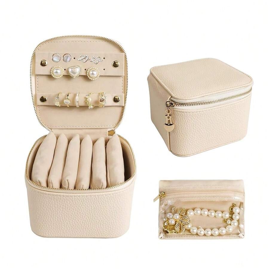 Travel Jewelry Organizer, Jewelry Travle Case With 6 Velvet Jewelry Bags, Portable Travel Jewelry Storage Box, Valentines Gifts For Women (Beige),Beige - 淺褐色的 - 查看 1