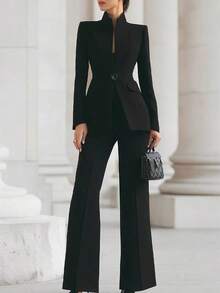 Long-Sleeved Solid Color Pocket One-Button Small Suit + Long Suit Pants Two-Piece Set - 黑色 - 查看 2