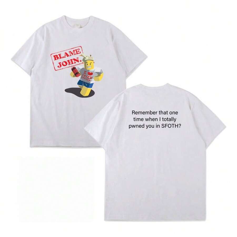 Unisex Oversized Summer T-Shirt With Blame John Print - White - View 1