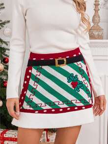 Women's Christmas Mini Skirts With Belt High Waist Patchwork Knit A-Line Skirts For Fall Party Packaged Hip Skirts Going Out Streetwear