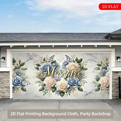 2D Banner 1pc Mr & Mrs Blue Wreath Polyester Backed Banner Elegant Wedding And Anniversary Decor No Power Required Suitable For Indoor/Outdoor Parties, Celebrations, And Garden Events Celebration Backdrop | Elegant Script Title | Durable Polyester Wedding Decor