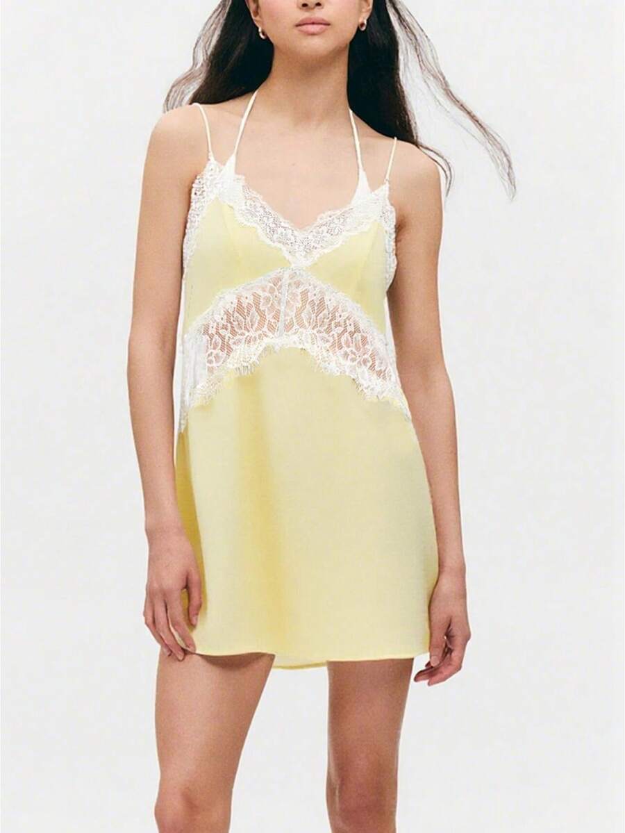 Women Silky Lace Slip Dress Flowy Sleeveless V-Neck Short Tank Dress Backless Ruffle Lace Mini Dress - 黃色 - 查看 1