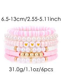 6件套波西米亚风心形手链，时尚简约珍珠聚合物粘土多层弹力手链，适合日常佩戴，情人节礼物 - 彩色 - 查看 3