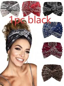 1件/6件装加大码佩斯利花纹波西米亚风女士运动头带，弹性交叉印花发带，适合户外活动，时尚发饰，夏季度假波西米亚风配饰 - 彩色 - 查看 5