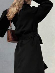 Áo khoác len cổ tròn cổ điển đa năng, tay dài ấm áp, phong cách quý cô thanh lịch, màu đỏ tía, thu/đông - màu đen - Xem 9