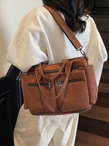 Fashionable Minimalist Large Capacity Multi-Pocket Shoulder Tote Bag, Crossbody Bag, Briefcase, Suitable For School, Work, Travel, Business Trip - Brown - View 7