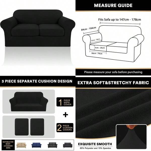 New H.VERSAILTEX 3 Pieces Microfiber Stretch Sofa Slipcover Spandex Soft Fitted Sofa Couch Cover Washable Furniture Protector With Elastic Bottom For Pets 2 Seater Black