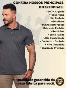 Classic Men's Cotton Polo Shirt, Short Sleeves, With White Details, Regular Fit, Non-Stretch Fabric For Everyday Wear. - 鉛灰色 - 查看 5