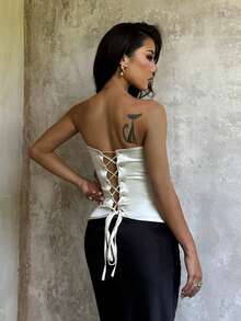 缎面休闲性感露背吊带背心，收腰设计，适合女性穿着，是度假、海滩、春夏的理想之选，白色 - 白色 - 查看 2