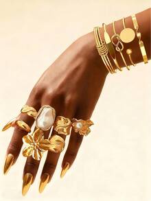 12pcs Vintage Elegant Hip-Hop Vacation Style Women Geometric Design Bracelet Set & Floral Faux Pearl Chunky Metal Ring Set, Suitable For Daily Wear And Party/Vacation - Gold - View 2