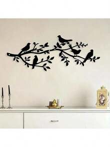 复古金属鸟形墙饰 - 原创黑鸟树枝雕塑，乡村风格墙饰