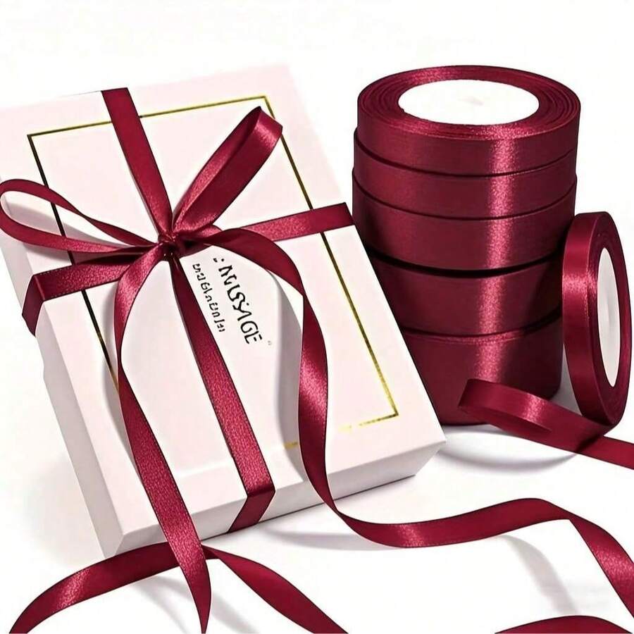 25 Yards/Roll Burgundy Satin Ribbon, Solid Shiny Fabric, Suitable For DIY Wedding Invitations, Bridal Bouquets, Gift Wrapping, Party Decorations, Sewing Crafts, Bridal Bouquet Accessories, Wedding Decorations - Burgundy - View 1
