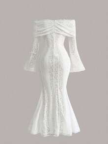 فستان أنيق عتيق رومانسي وجذاب، فستان مرصع بالدانتيل عالي الجودة بأكتاف مكشوفة وأكمام واسعة مفلفلة وقصة مرمر، مناسب للمناسبات الرسمية والحفلات والزفاف