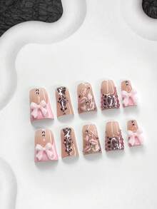 10pcs Premium Shiny Pink Nail Stickers, French Fake Nails, Hand-Painted Lips, Heart-Shaped Nail Decorations, Bows, Pink Butterfly Nail Accessories, Pink Nail Polish, Glitter Nail Polish, 3 Sizes Available (Almond, Duck Mouth, Coffin), Includes Nail Tools (1 Jelly Sticker + 1 Nail File), Suitable For Daily Commute, Valentine's Day, Wedding, Party, Etc. Nail Supplies - 彩色 - 查看 9