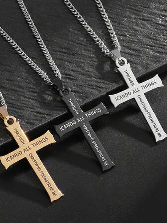 1pc Fashionable Stainless Steel Cross Necklace - Inspirational Engraved Design, Unisex Versatile Religious Pendant Jewelry Gift
