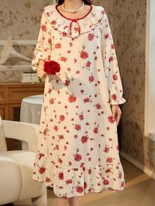 RS Pajama1 蕾丝圆领长袖撞色蕾丝浪漫优雅花卉印花睡裙 - 米色 - 查看 3