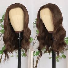 Glueless 13X4 Platinum Blonde Short Wave Lace Front Wig Pre Plucked Hairline Soft Bob Wavy Wigs 14 Inch Heat Resistant Ombre Blonde Colored Bob Wavy Synthetic Hair Replacement Wigs Breathable HD Lace 180% Density Wear And Go Wigs For Women Girls Daily & Party Use - 咖啡棕 - 查看 3