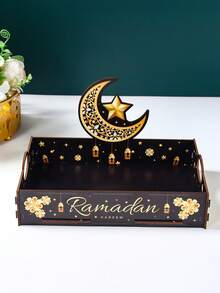 1pc Eid Mubarak Wooden Tray, Eid Moon & Star Black Gold Design DIY Tray, Suitable For Eid Party, Eid Celebration, Eid Decoration, Eid Storage & Decor Tray, Ideal For Eid Family Party Tabletop Centerpiece, Can Hold Fruits & Sweets, Ramadan Supplies, Ramadan Decor, Kitchen Decor, Ramadan Gift, Ramadan Prayer, Ramadan Lantern, Ramadan Lighting - Ramadan Kareem Black Gold - View 6