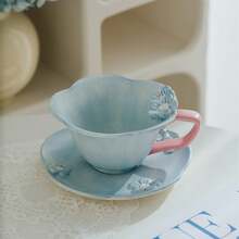 1 Set Minimalist Design Hand-Painted Embossed Plum Blossom Coffee Cup + Saucer Set