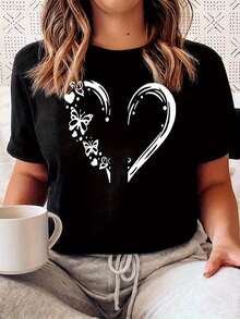 Women's Heart Print T-Shirt - Soft, Breathable, Crew Neck, Short Sleeve, Casual Wear, Fitness And Outdoor Activities, 180g 100% Cotton - 黑色 - 查看 1