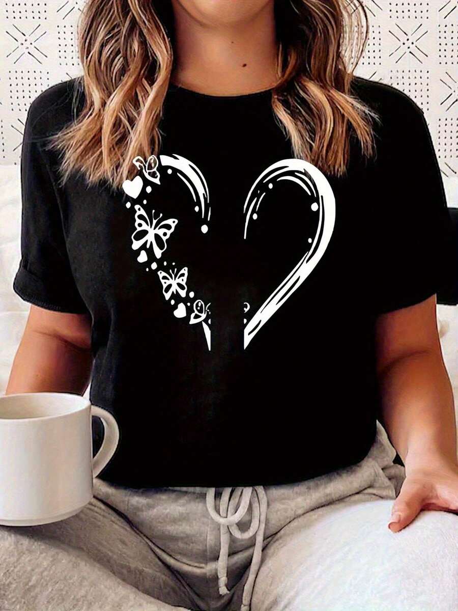 Women's Heart Print T-Shirt - Soft, Breathable, Crew Neck, Short Sleeve, Casual Wear, Fitness And Outdoor Activities, 180g 100% Cotton - 黑色 - 查看 1