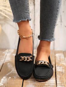 New Plus Size Slip-On Loafers, Versatile Daily Commute Shoes, Solid Color Design, Metal Buckle, Round Toe, Breathable Linen Material, Handmade Floral Decor, Casual Women Moccasins, Suitable For Spring, Summer, And All Seasons - Black - View 2