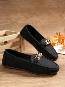 New Plus Size Slip-On Loafers, Versatile Daily Commute Shoes, Solid Color Design, Metal Buckle, Round Toe, Breathable Linen Material, Handmade Floral Decor, Casual Women Moccasins, Suitable For Spring, Summer, And All Seasons - Black - View 4