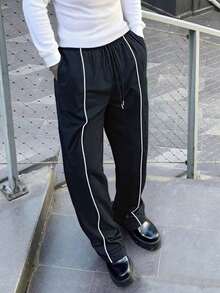 Men's Black Outdoor Track Pants With White Side Stripes - Loose Fit Casual Trousers With Elastic Drawstring Waist, Lightweight Fabric Bottoms For Outdoor Activities, Daily Wear & Urban Fashion - Black - View 6