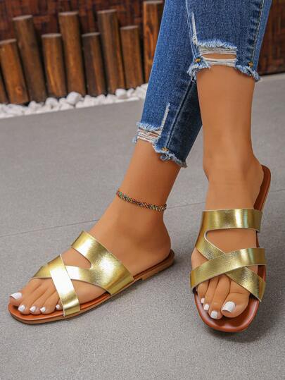 Dép thời trang cho tuổi teen, dép sandal đế bệt quai chéo màu trơn mùa hè mới dành cho nữ
